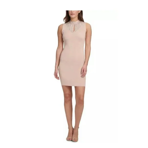 Marciano Womens Beige Embellished Sleeveless Keyhole Short Body Con Cocktail Dress Size XL